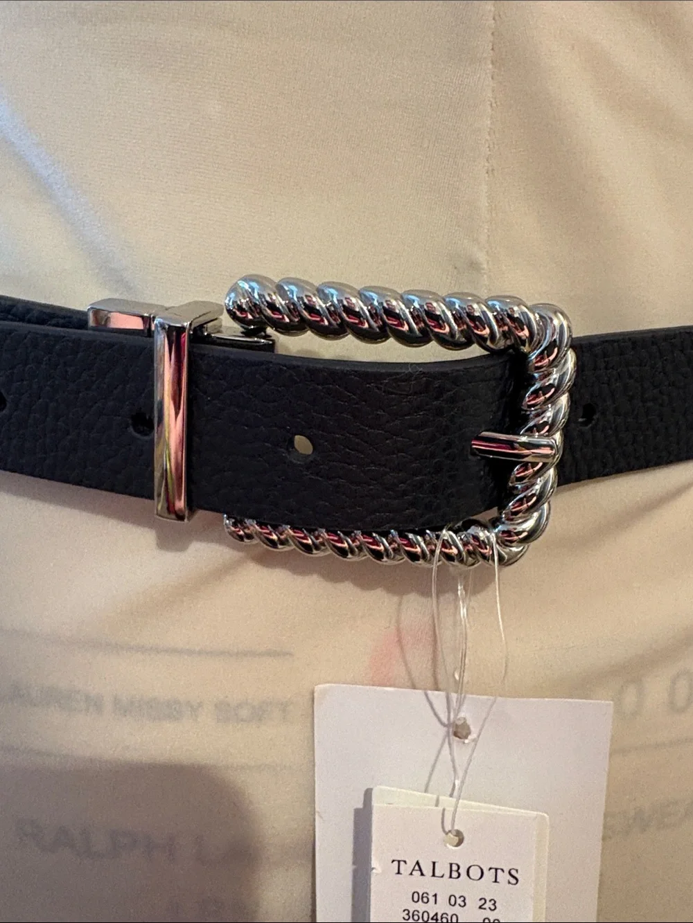 Talbots Black Leather Belt with Twisted Chain Buckle